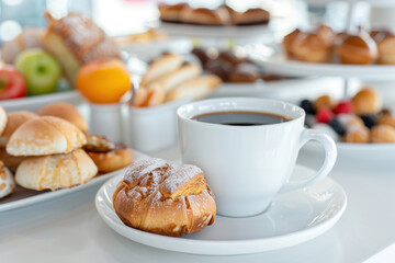 a cup of black coffee and buffet breakfast in hotel restaurant