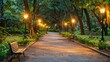 © Lakkhana - Serene pathway through a tranquil park with benches and soft lighting