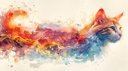 Wall Mural - Watercolor Cat with Colorful Abstract Background.