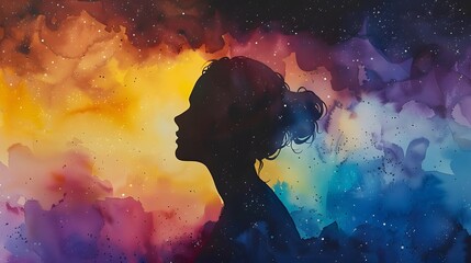 Sticker - Woman Silhouette in a Universe of Watercolor.