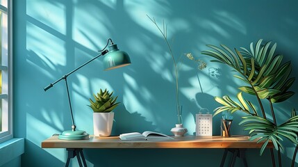 Wall Mural - A Desk With A Teal Desk Lamp And Plants In A Sunlit Room