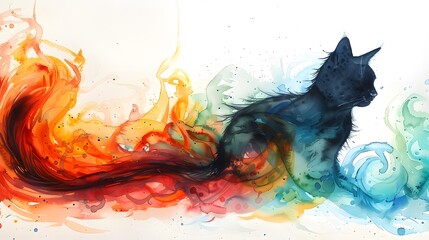 Naklejka na meble Watercolor Cat with Colorful Swirls.