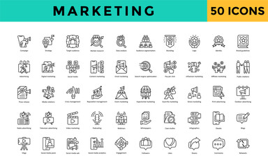 Sticker - Marketing icon set with campaign, strategy, target audience, market research, data analysis, audience segmentation, branding, logo, identity, brand guidelines icon. Simple line vector 