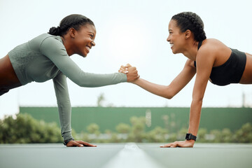 Wall Mural - Handshake, motivation and people with fitness for push up, workout or exercise for support, teamwork or challenge. Accountability, women or athletes on court for balance, training or growth together