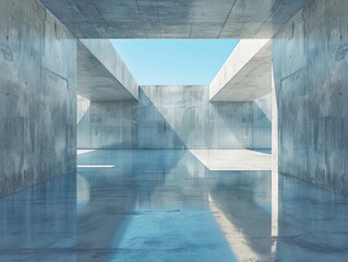 Wall Mural - open space with high open cieling, light smooth concrete walls, directional light with hard shadows, reflective floor, blue sky, low angle, tranquil 