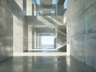 Wall Mural - open space with high open cieling, light smooth concrete walls, directional light with hard shadows, reflective floor, blue sky, low angle, tranquil 