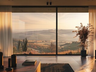 Sticker - polluted air in a valley seen out of a large window in a modern house, 