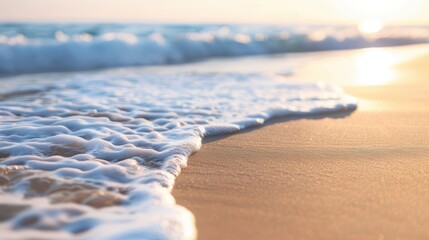 Wall Mural - Serene Ocean Waves Gently Washing Over Sandy Beach at Sunset with Soft Golden Light