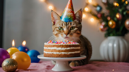 Cute Cat Wearing Birthday Hat with Cake and Candle