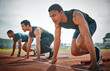 © DavisShared/peopleimages.com - Race, start and group of men at stadium for speed challenge, marathon event and professional sports. Ready, set and people at arena for track competition, fitness and athlete in distance running