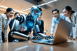 © Eduardo Accorinti - People in office looking at humanoid robot while he is performing tasks and working on laptop computer, advanced AI of sophisticated technology replacing human work, automation of tasks in workplace
