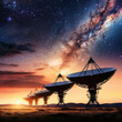 © Stock Creator - Radio Telescopes at Sunset with Starry Sky and Milky Way