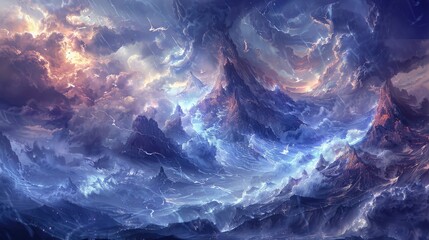 Wall Mural - Ancient spirits of earth and wind colliding in a clash of titanic energy, shaping mountains and storms in their wake.