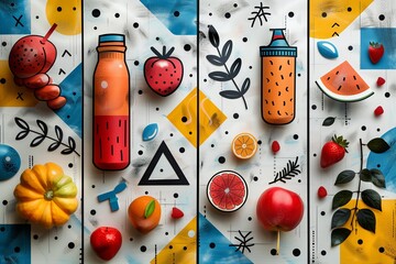 Poster - Colorful Still Life With Fruit and Drinks on a Geometric Background