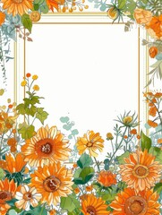 Sticker - an elegant banner for a christening of a boy, watercolor sunflower fields on the bottom, space for text in the middle and flower blossoms on top 