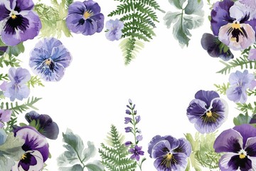 Sticker - create a border of neutral watercolour pansies and ferns around the top, bottom, right and left of a page on a isolated white background 