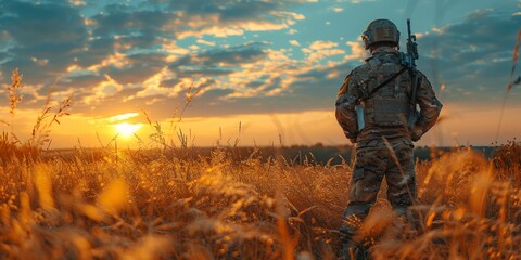 Poster - Solitary figure silhouetted against vibrant sky, standing amidst golden grass in expansive field