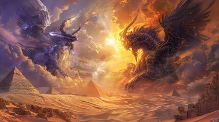 Wall Mural - celestial beings of dawn and dusk locked in a timeless duel amidst a landscape of shifting sands and