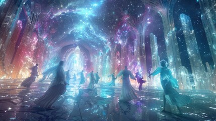 Wall Mural - Celestial beings of prismatic light and shadow engaged in an ethereal dance within the shimmering corridors of a crystalline citadel floating among the stars.