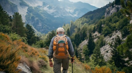 elderly man hiking on a mountain trail. .middle-aged man