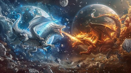 Sticker - Celestial dragons of fire and ice clashing in a cosmic battlefield amidst the remnants of shattered planets and celestial debris.