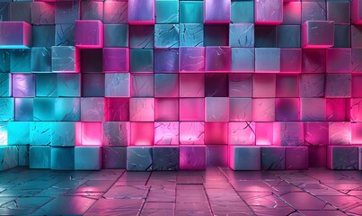 Wall Mural - Digital mosaic of neon turquoise and pink squares, arranged in a mosaic pattern and continuously shifting to form new shapes and textures