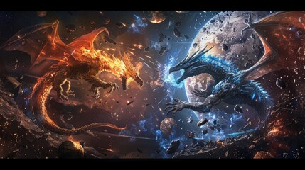 Wall Mural - celestial dragons of fire and ice clashing in a cosmic battlefield amidst the remnants of shattered 
