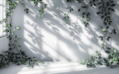Wall Mural - White backdrop with leaf shadows creating a serene space for product display in a well-lit studio environment