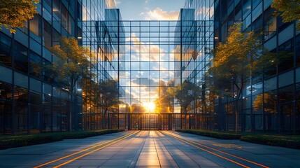 Modern office building exterior, glass facade reflecting bright sunlight, sunlit tree-lined entrance, wide driveway with road markings, welcoming lobby entrance with warm lighting.