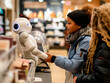 © Dudarte - Imagem de robô atendendo em loja, cumprimentando cliente. Mostrando a importância cada vez maior da inteligência artificial no atendimento ao cliente e nos negócios