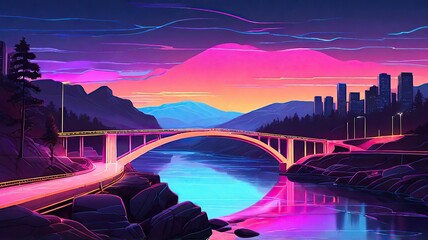 Sticker - bridge over the river at night