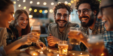 Wall Mural - Group of friends joyfully enjoying drinks and laughter at a night gathering with warm, festive lighting.