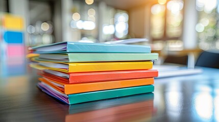 A stack of colorful books on a table