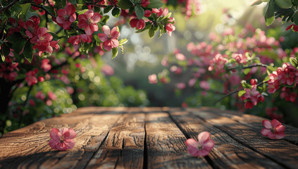 Wall Mural - Spring Nature Background with Green Foliage and Flowering Branches Featuring an Empty Wooden Table in Sunlit Garden