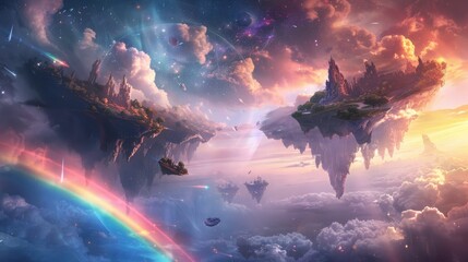 Poster - Celestial warriors of day and night locked in an eternal battle within a realm of floating islands and ethereal clouds under a celestial rainbow.