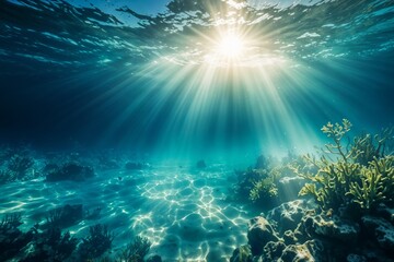 Wall Mural - Underwater scene with sunlight beams shining through the clear blue-green water, creating a serene and tranquil atmosphere