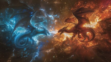 Canvas Print - Cosmic dragons of fire and ice engaged in a celestial duel within a nebular expanse filled with the remnants of shattered stars and cosmic dust.