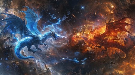 Canvas Print - Cosmic dragons of fire and ice engaged in a celestial duel within a nebular expanse filled with the remnants of shattered stars and cosmic dust.