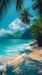 Wall Mural - A tropical beach with palm trees and mountains.