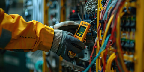 Wall Mural - Technician in gloves using a digital multimeter to test electrical components in a busy industrial setting, ensuring system functionality.