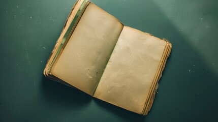 An old book on a green surface.