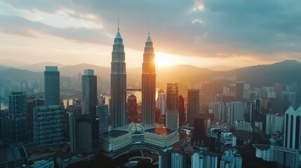 Wall Mural - A city skyline with a large building in the middle. The sun is setting and the sky is orange