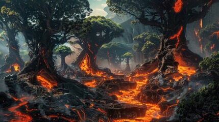 Wall Mural - elemental spirits of forest and fire battling in a primeval jungle, with towering trees and rivers o