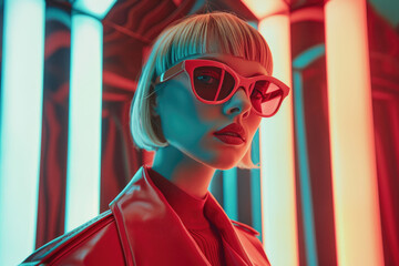 Canvas Print - A blonde mannequin wearing sunglasses and red jacket