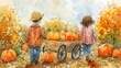© Boonsong - Pumpkin patch, children pulling wagon with pumpkins, playful moment, watercolor style