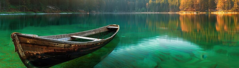 Wall Mural - A small white boat is floating in a lake. The water is calm and the sun is shining on the surface. The scene is peaceful and serene