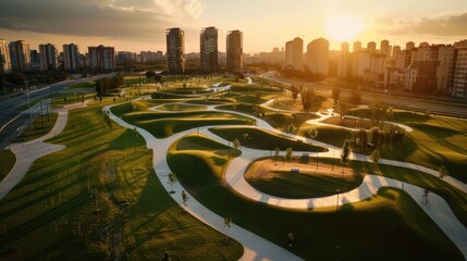 Wall Mural - A lush green field with a sun shining on it. The grass is wet and the sun is shining brightly