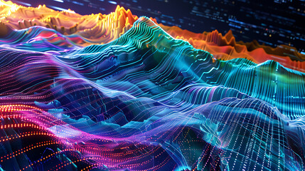 High-tech visual art depicting neon patterns as sea mountains intertwined with flowing streams of binary data 