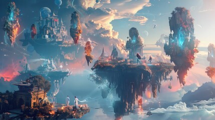 Wall Mural - Ethereal beings of dream and nightmare locked in a surreal battle within a shifting landscape of floating islands and surreal architecture.