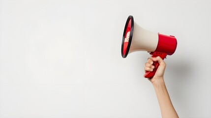 Female hand holding a megaphone on a white background.